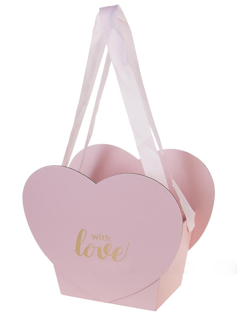 Коробка-кашпо для цветов с ручкой "Сердце" с рисунком With love, розовая 