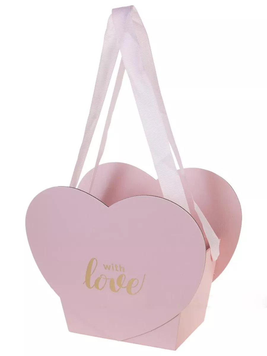 Коробка-кашпо для цветов с ручкой "Сердце" с рисунком With love, розовая 
