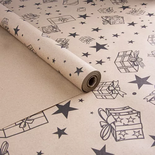 Крафт бумага в рулоне, рисунок "Подарки-звёздочки", 0,7м*7,5м (400гр)